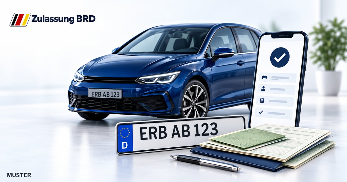 Online Fahrzeugzulassung in Oberzent: Musterkennzeichen ERB AB 123, Auto und Fahrzeugpapiere und Smartphone. Illustration mit Logo von Zulassung BRD.